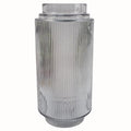 Hand-finished 31cm clear ridged glass vase with an offset pattern by Leaf, showcasing elegant design and craftsmanship.