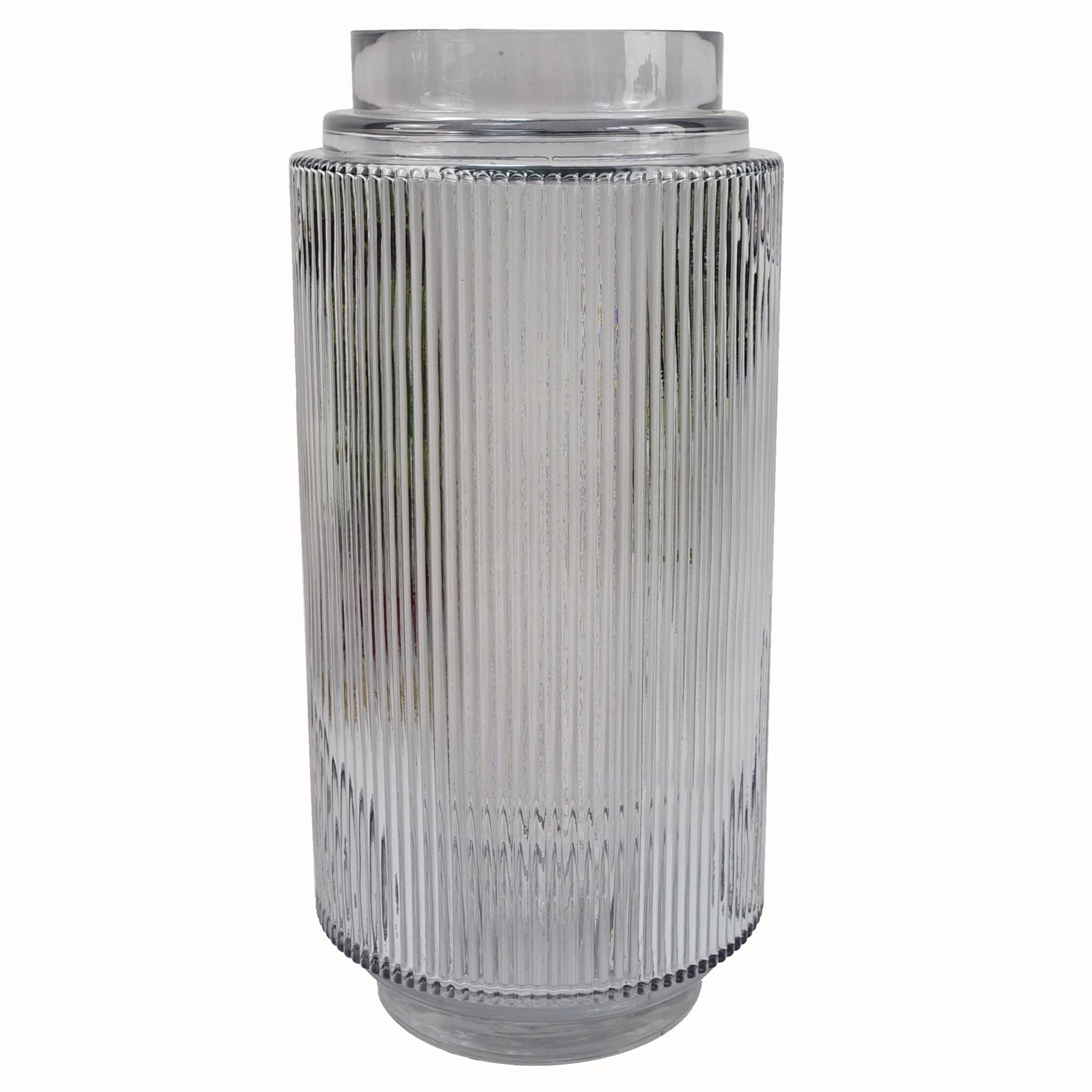 Hand-finished 31cm clear ridged glass vase with an offset pattern by Leaf, showcasing elegant design and craftsmanship.