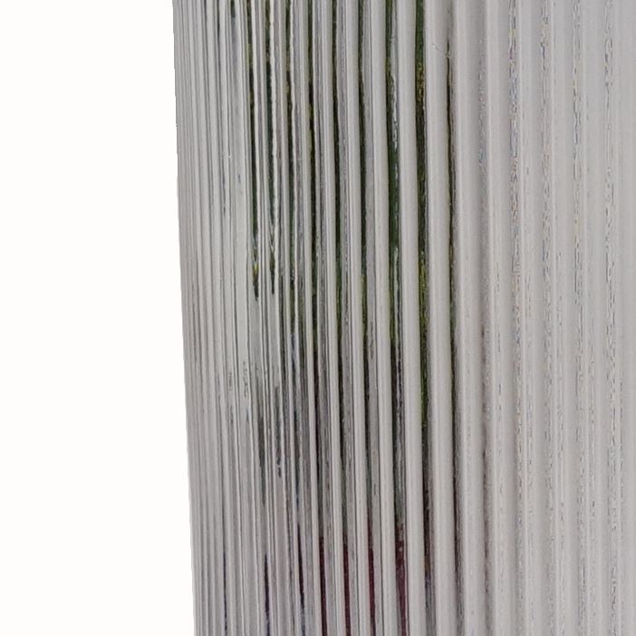 Clear ridged glass vase by Leaf, 31cm tall, featuring an elegant hand-finished offset pattern.
