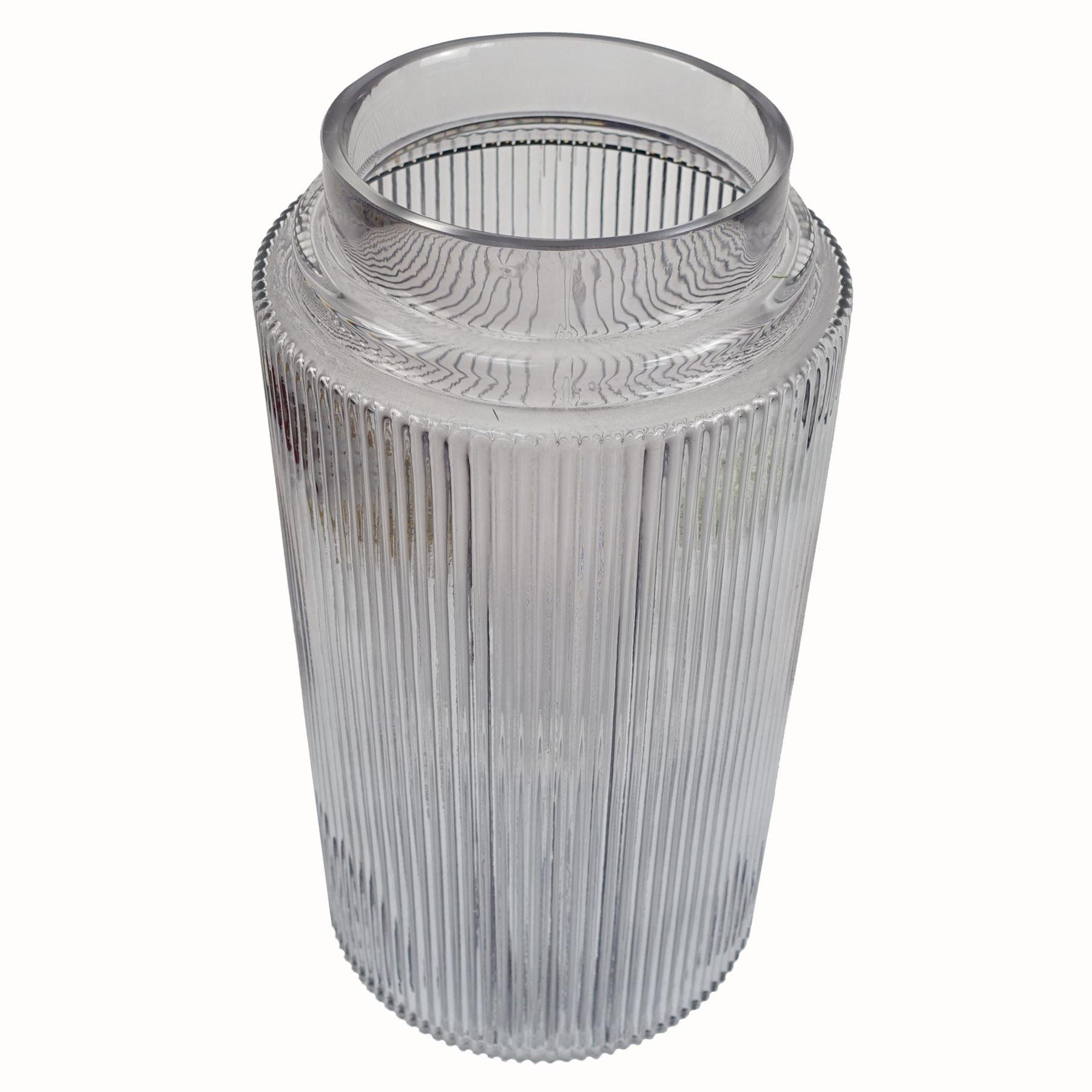 Hand-finished 31cm clear ridged glass vase with an offset pattern by Leaf, showcasing elegant curves and textures.