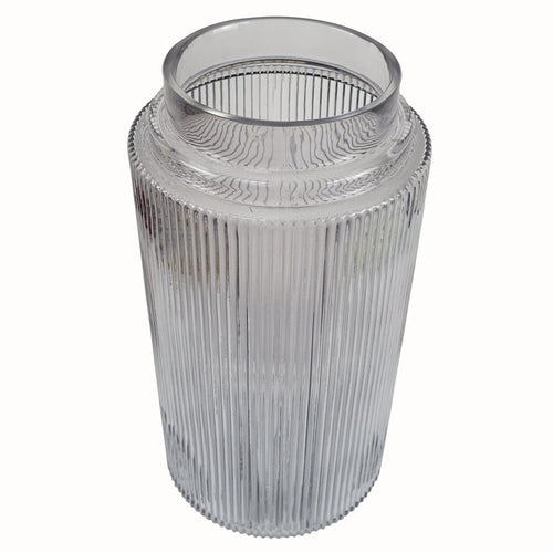 Hand-finished 31cm clear ridged glass vase with an offset pattern by Leaf, showcasing elegant curves and textures.
