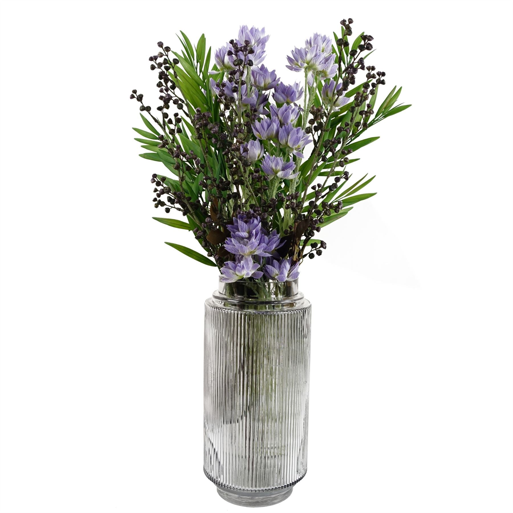 Hand-finished 31cm clear ridged glass vase by Leaf with an elegant offset pattern on a white background.