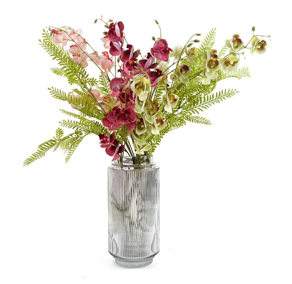 Hand-finished 31cm clear ridged glass vase with an offset pattern by Leaf, showcasing elegant design and texture.