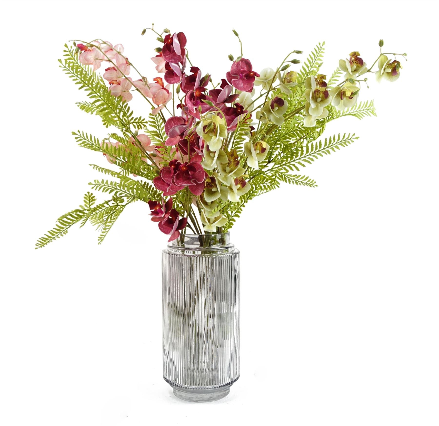 Hand-finished 31cm clear ridged glass vase with an offset pattern by Leaf, showcasing elegant design and texture.
