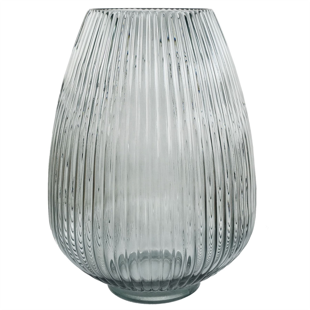 Hand-finished 30cm smoke grey ridged glass vase by Leaf, showcasing elegant texture and modern design.