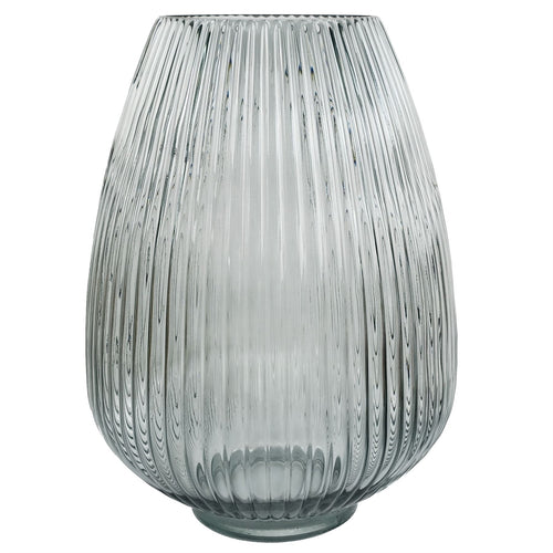 Hand-finished 30cm smoke grey ridged glass vase by Leaf, showcasing elegant texture and modern design.