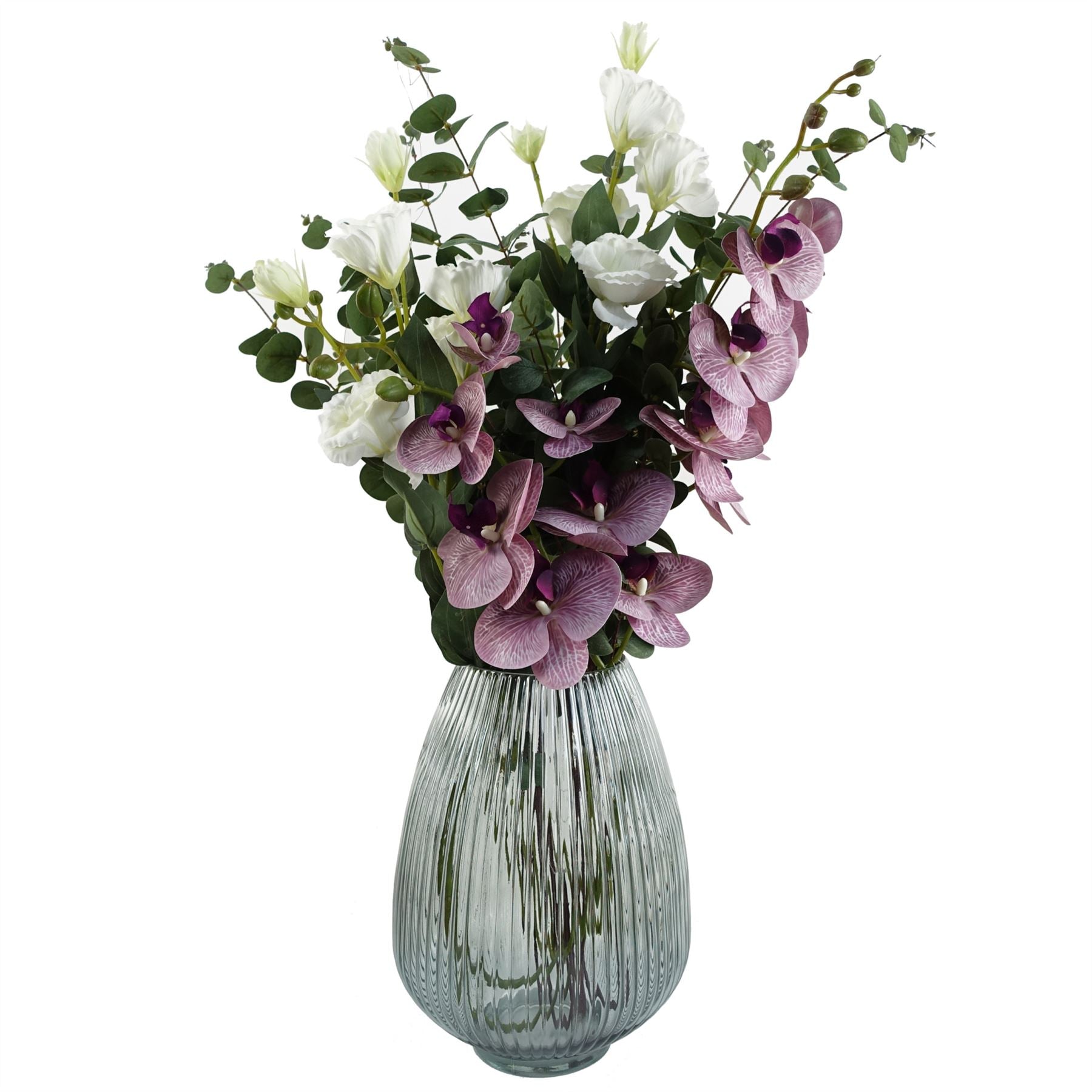 30cm smoke grey ridged glass vase by Leaf, showcasing a hand-finished design with elegant texture and shape.