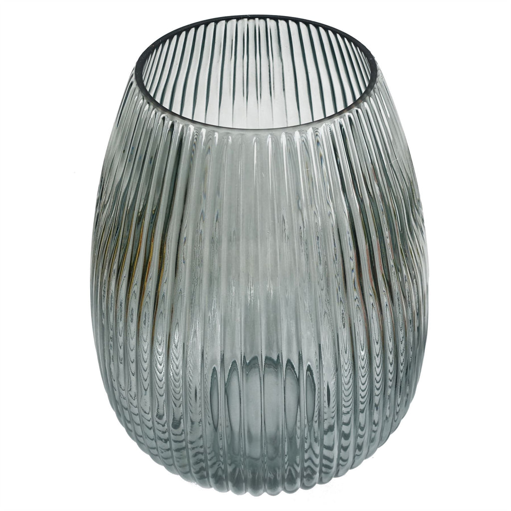 30cm smoke grey ridged glass vase by Leaf, showcasing a hand-finished texture and elegant design.