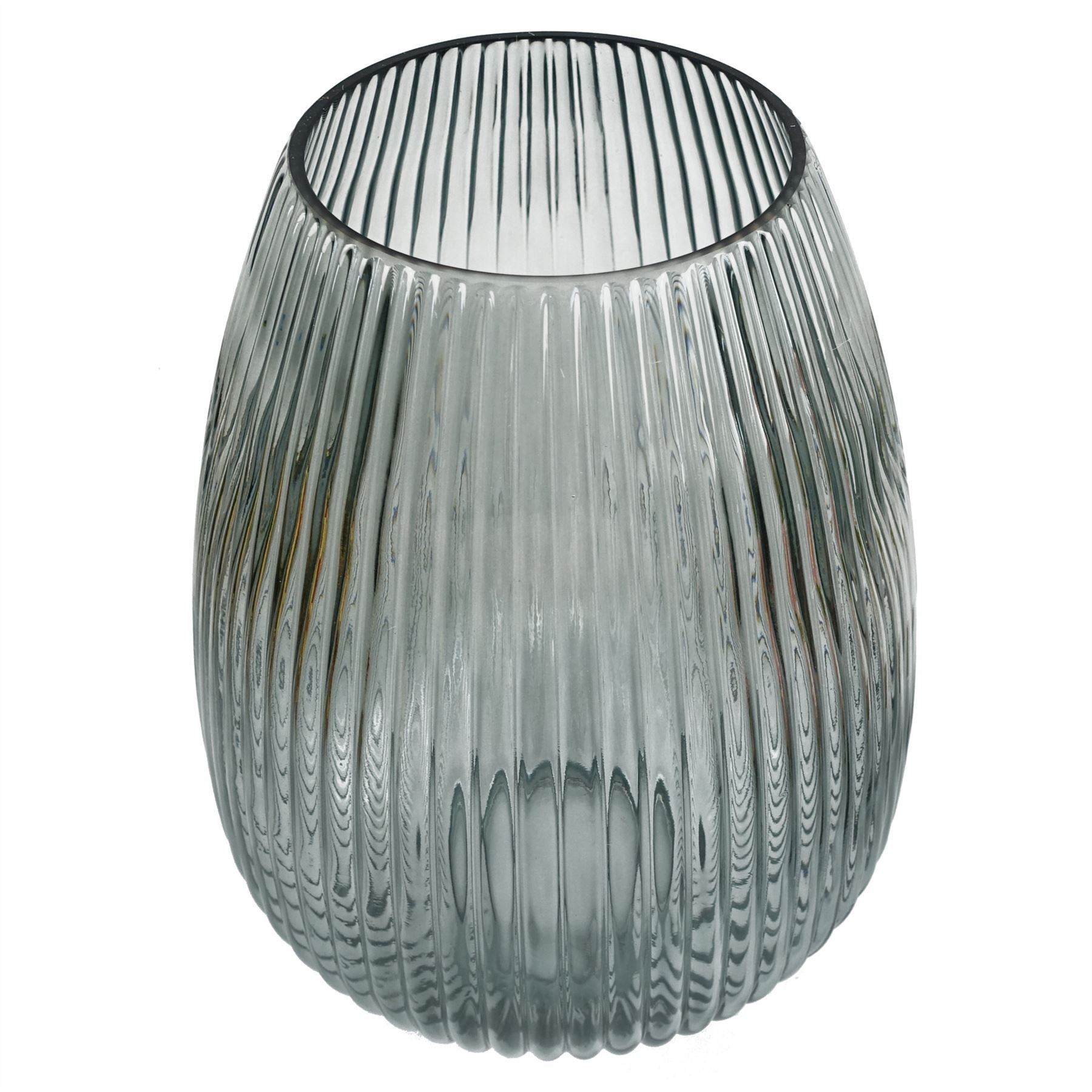 30cm smoke grey ridged glass vase by Leaf, showcasing a hand-finished texture and elegant design.