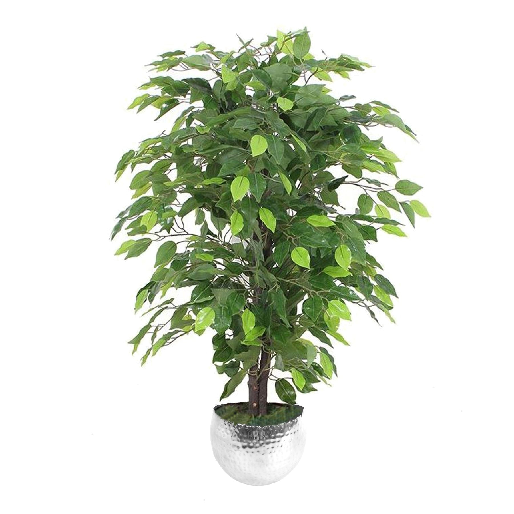 Realistic 90cm artificial Ficus tree in a silver metal planter by Leaf, featuring lush green foliage.