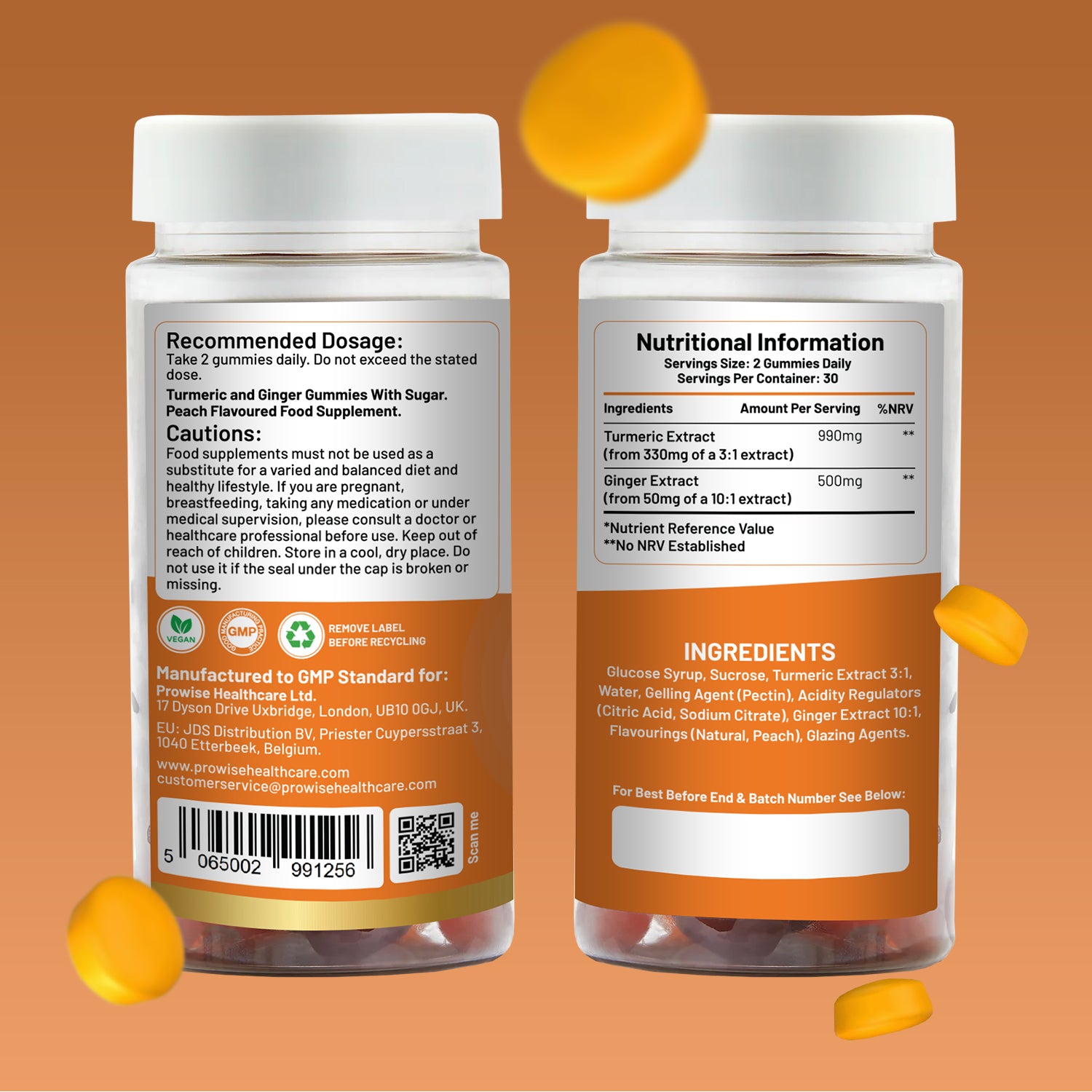 Turmeric and ginger gummies in a jar, featuring a natural peach flavor, from Prowise Healthcare's GlowCare line.