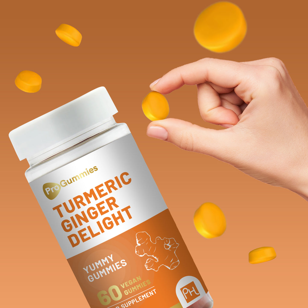 Turmeric and ginger gummies by Prowise Healthcare in natural peach flavor, featuring 60 vegan pro gummies in packaging.