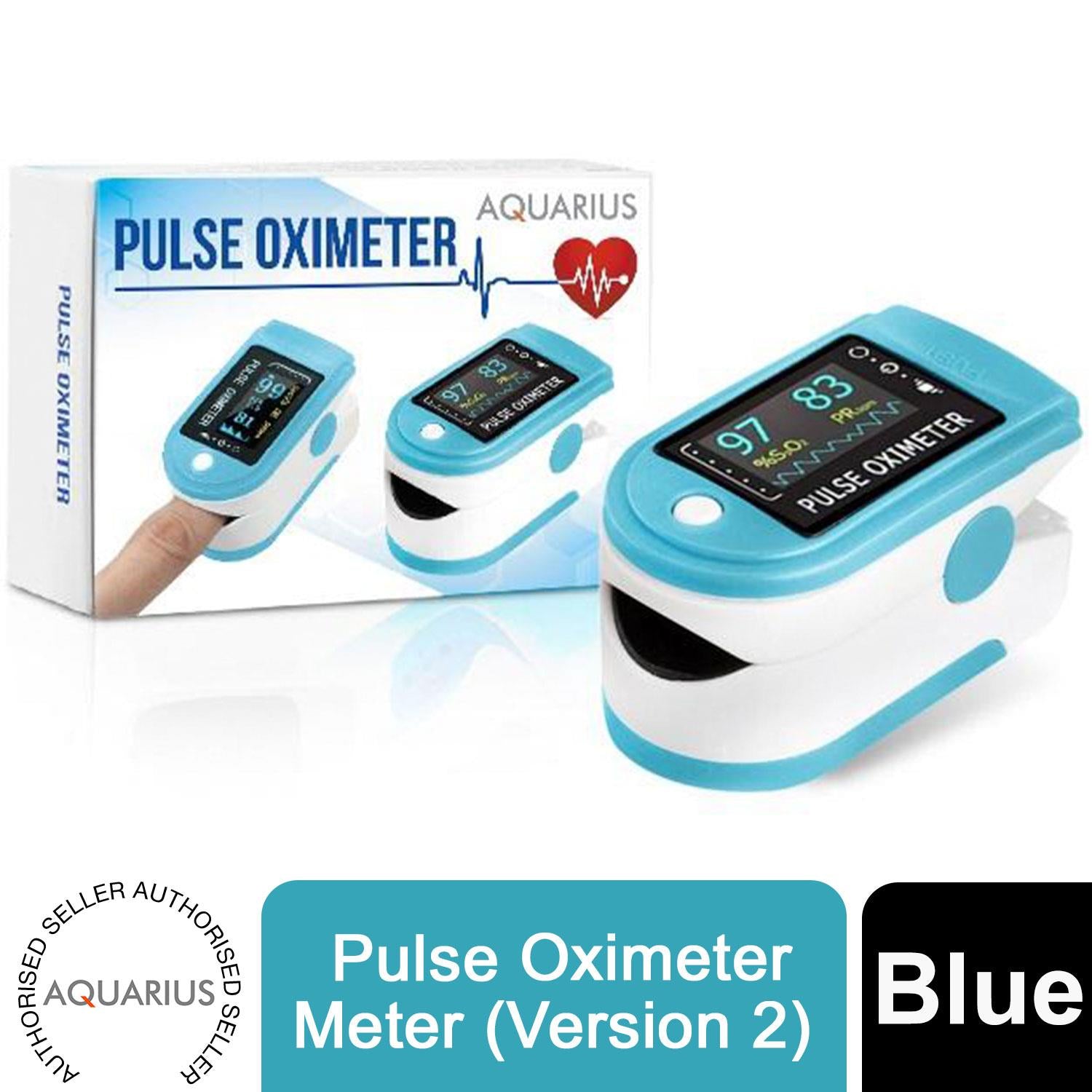 Aquarius Finger Pulse Oximeter displaying SpO2 levels and heart rate, FDA approved oxygen saturation monitor.