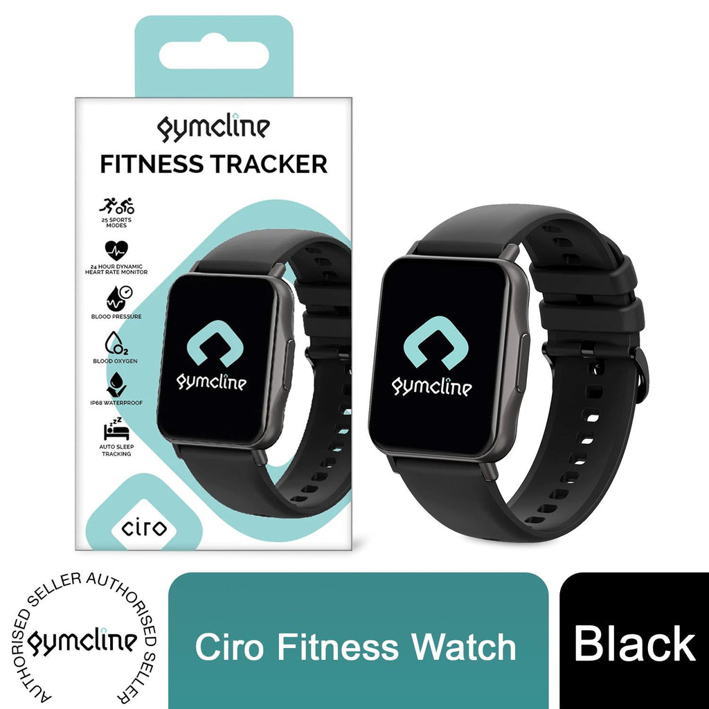 Black Gymcline Fitness Tracker featuring 25 sports modes and IP68 water protection on a sleek display.