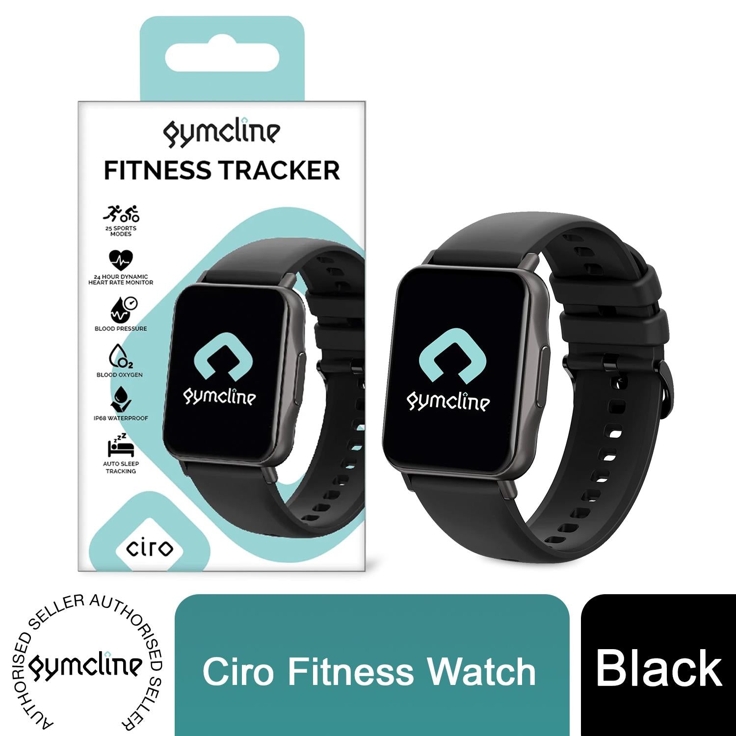 Black Gymcline Fitness Tracker featuring 25 sports modes and IP68 water protection on a sleek display.