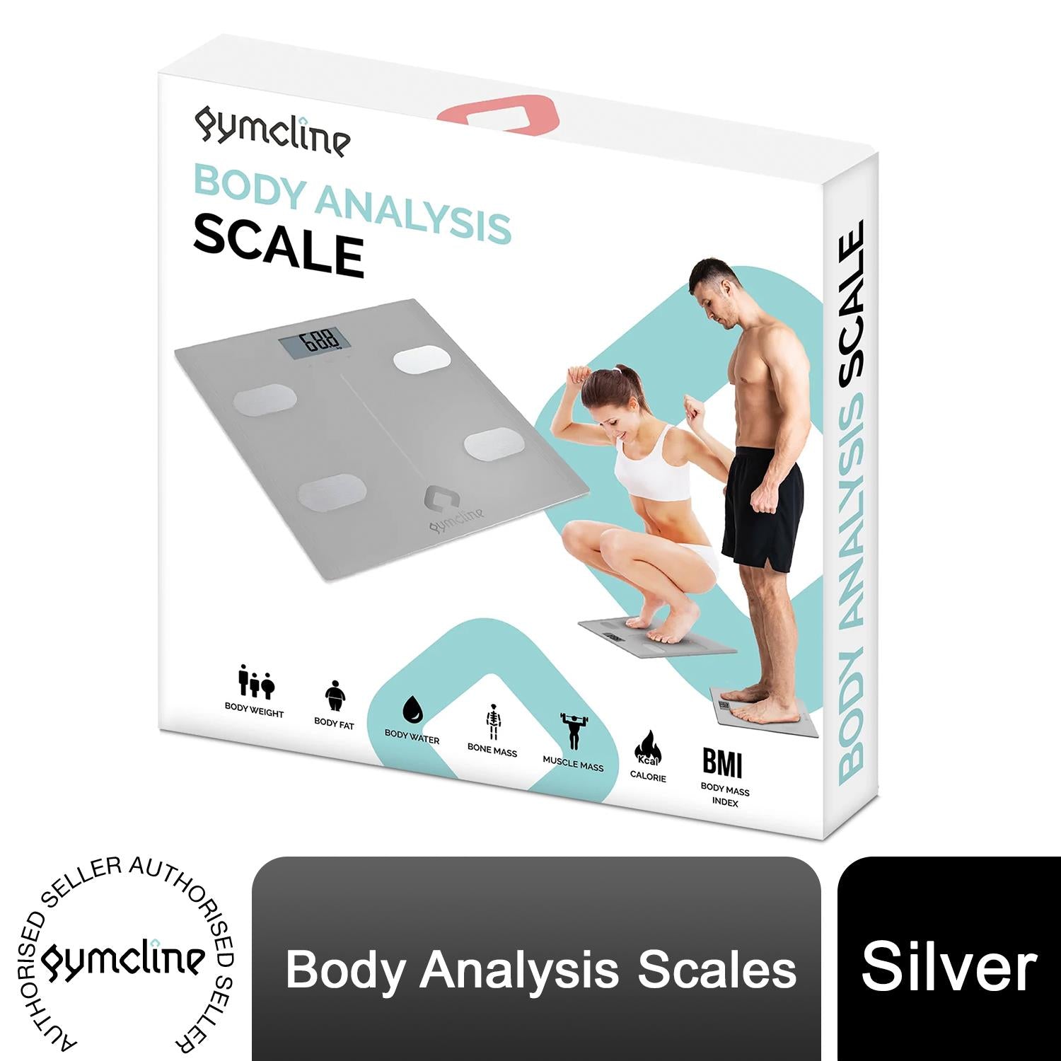 Silver Gymcline Body Analysis Scale displaying BMI report and daily calorie intake guide.