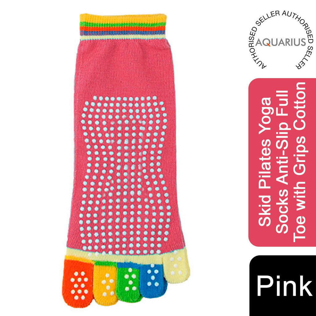 Pink non-slip Pilates yoga socks by Aquarius featuring full toe design and grip soles, made from soft cotton.