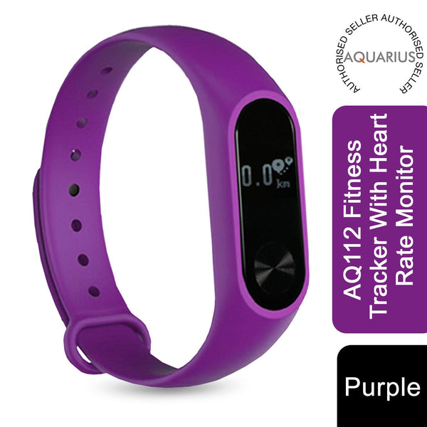 Purple Aquarius Fitness Tracker featuring heart rate monitor and OLED display on a sleek design.