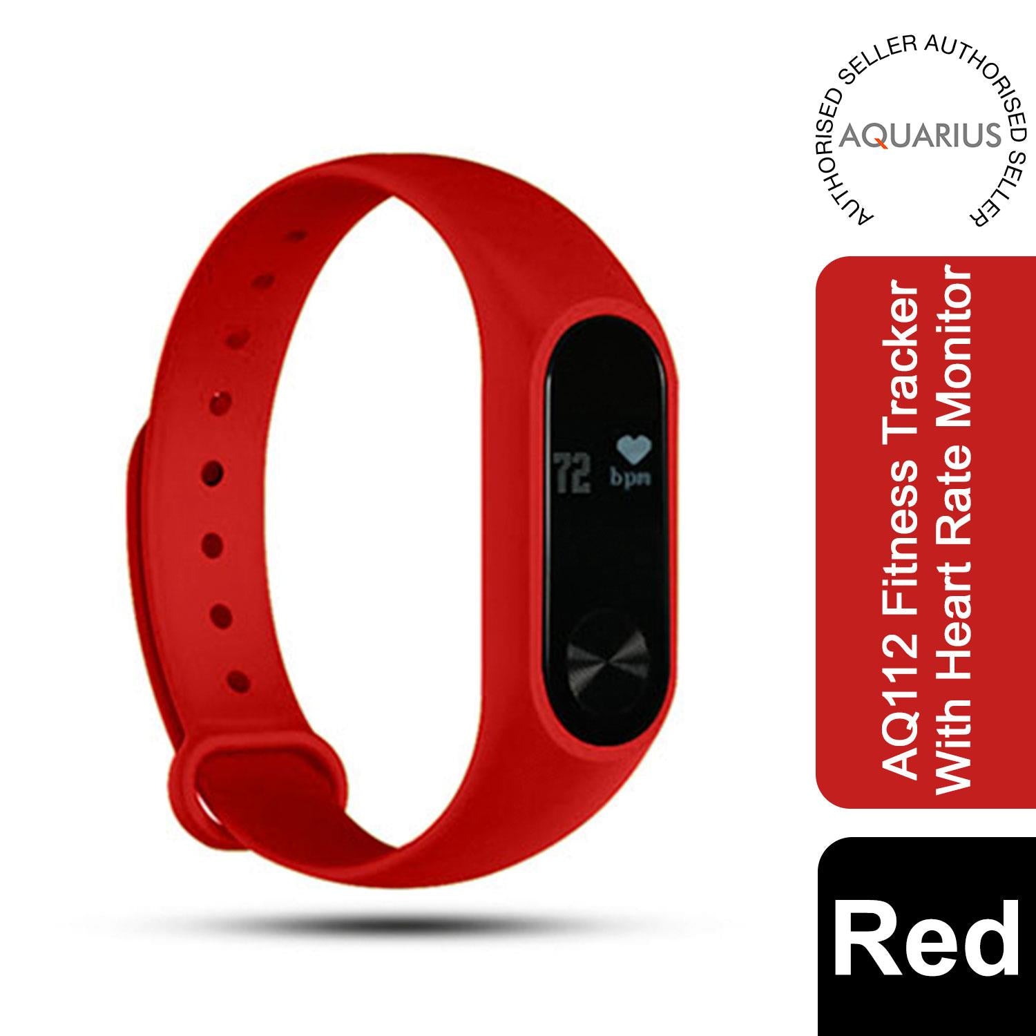 Red Aquarius AQ112 fitness tracker with heart rate monitor, displaying stats on a vibrant screen.