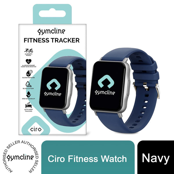 Navy Gymcline fitness tracker showcasing 25 sports modes and IP68 water protection features.