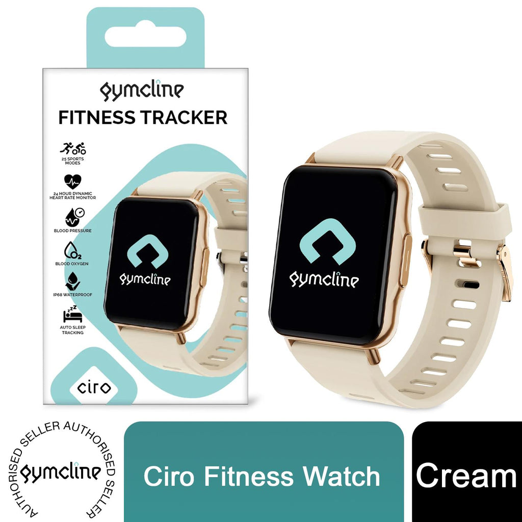 Gymcline Ciro Fitness Tracker in cream, featuring 25 sports modes and IP68 water protection, displayed on a wrist.