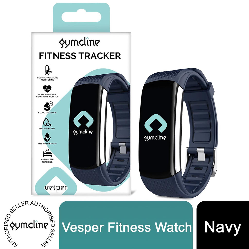 Navy Gymcline Fitness Tracker with body temperature monitoring displayed on a wrist, showcasing its sleek design.