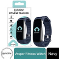 Navy Gymcline Fitness Tracker with body temperature monitoring displayed on a wrist, showcasing its sleek design.