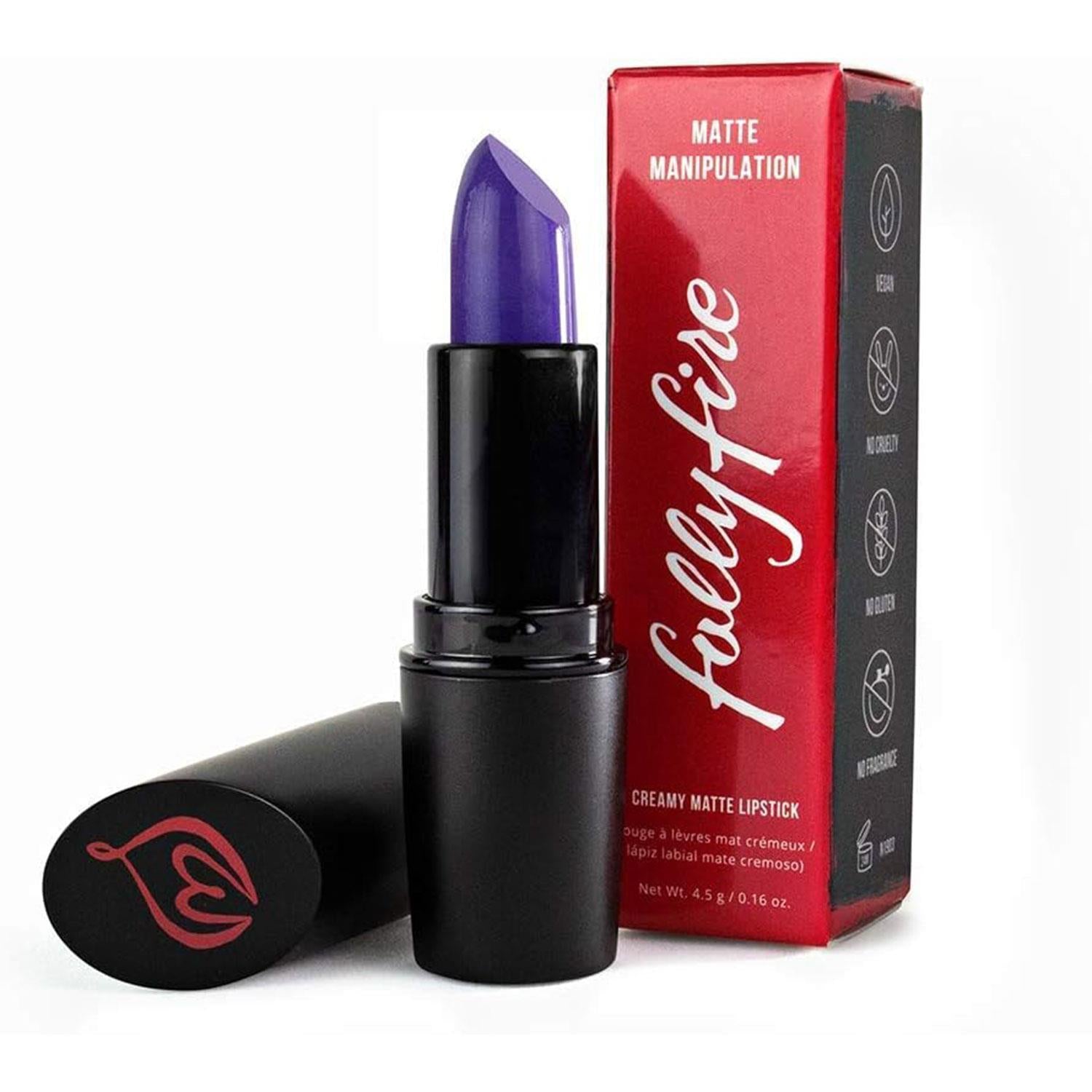 Folly Fire Creamy Matte Lipstick in Royal Purple by Glitz Toy BeautyTech, showcasing a vibrant matte finish.