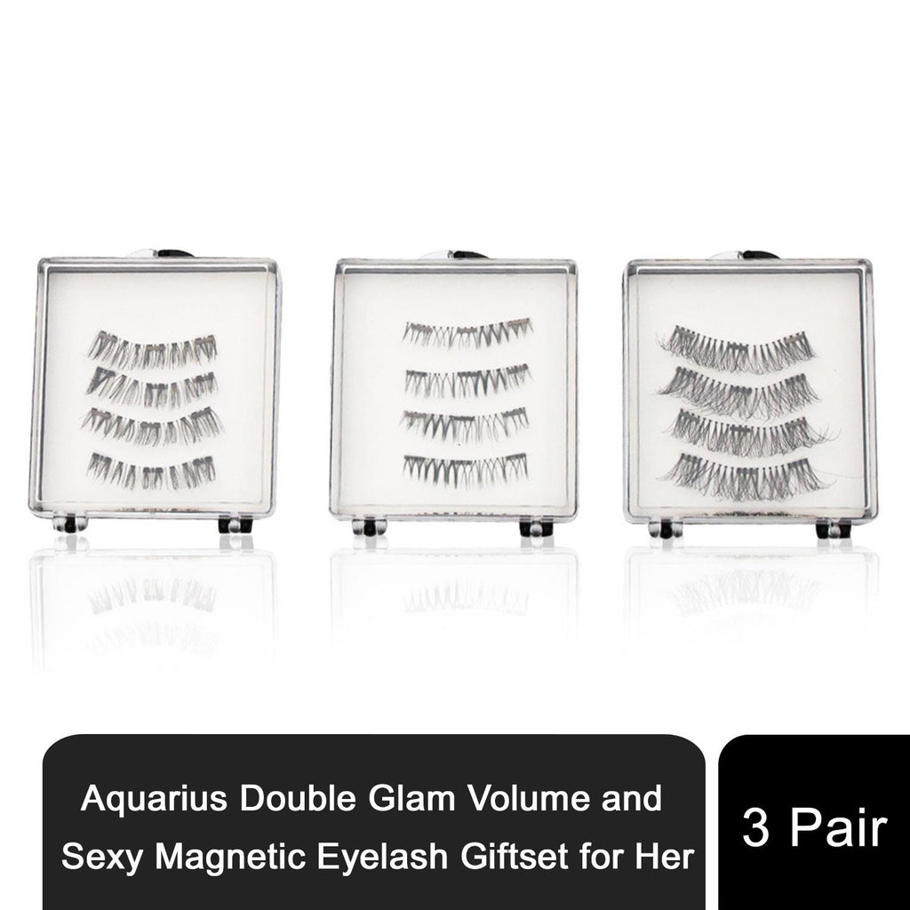 Aquarius Double Glam Volume and Sexy Magnetic Eyelash Giftset with three pairs of lashes displayed in elegant packaging.