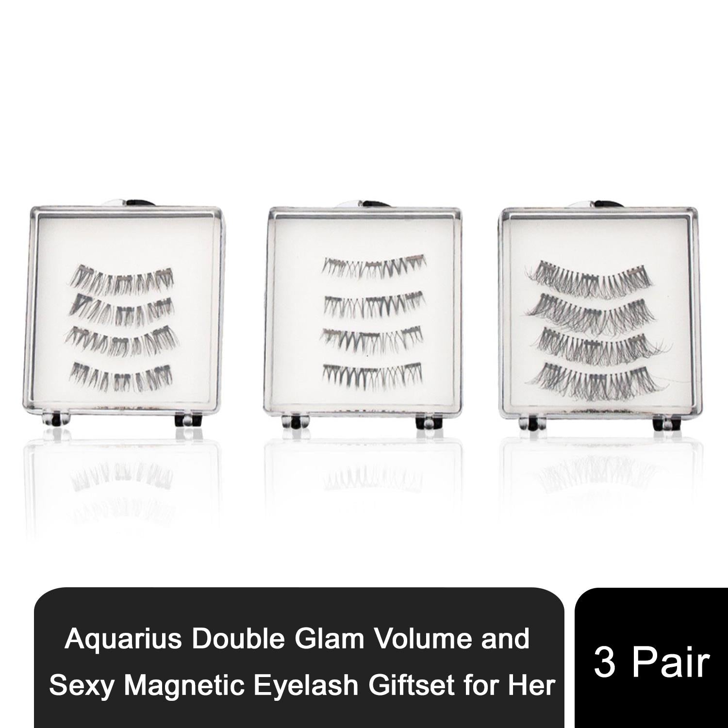Aquarius Double Glam Volume and Sexy Magnetic Eyelash Giftset with three pairs of lashes displayed in elegant packaging.