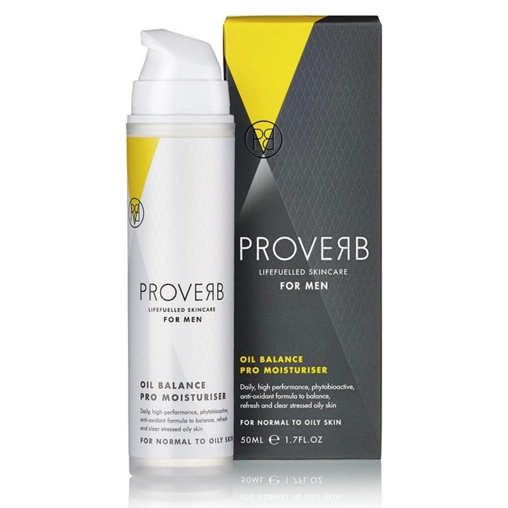 Proverb Pro Moisturiser Life Fuelled Skin Care Oil Balance for Men in a 50ml bottle on a neutral background.