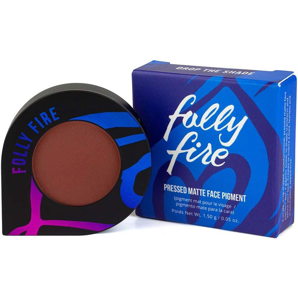 Dark mauve Folly Fire Pressed Matte Face Pigment Drop by Glitz toy beautytech in a dropper bottle on a neutral background.