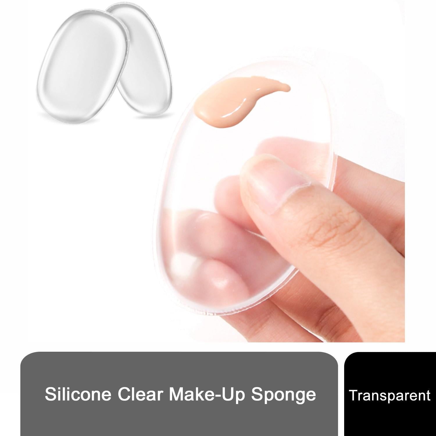 Clear silicone make-up sponge by GlowCare, featuring a smooth surface for blending foundation and concealer seamlessly.