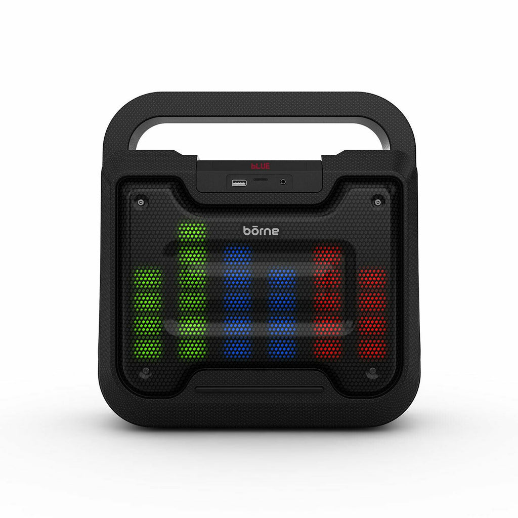BORNE Bluetooth speaker featuring LED lights and karaoke function, showcasing vibrant colors and sleek design.