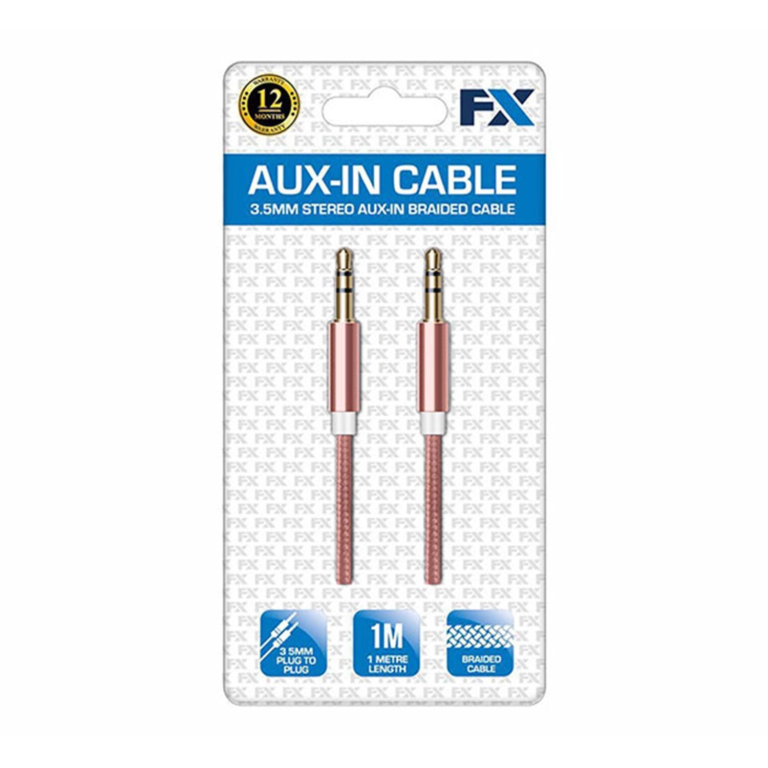 Rose gold 3.5mm braided aux-in cable by FX, showcasing its premium audio quality and durable design.