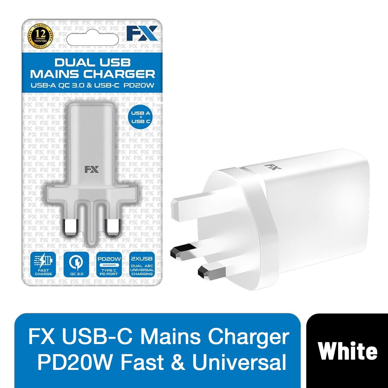 FX TechHub USB-C mains charger in white, featuring PD20W fast charging with universal compatibility.