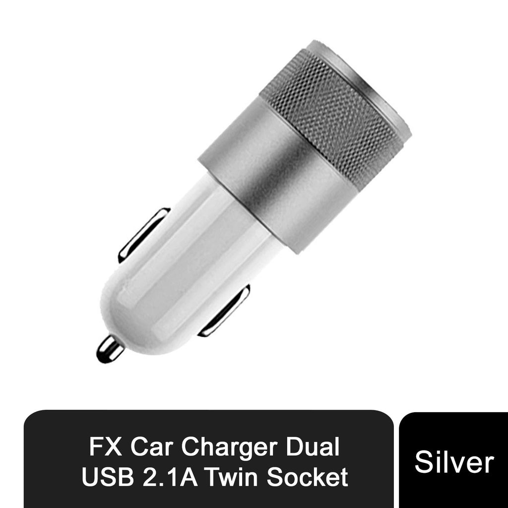 Silver FX TechHub 2.1A twin USB socket universal car charger with dual ports for charging devices on the go.