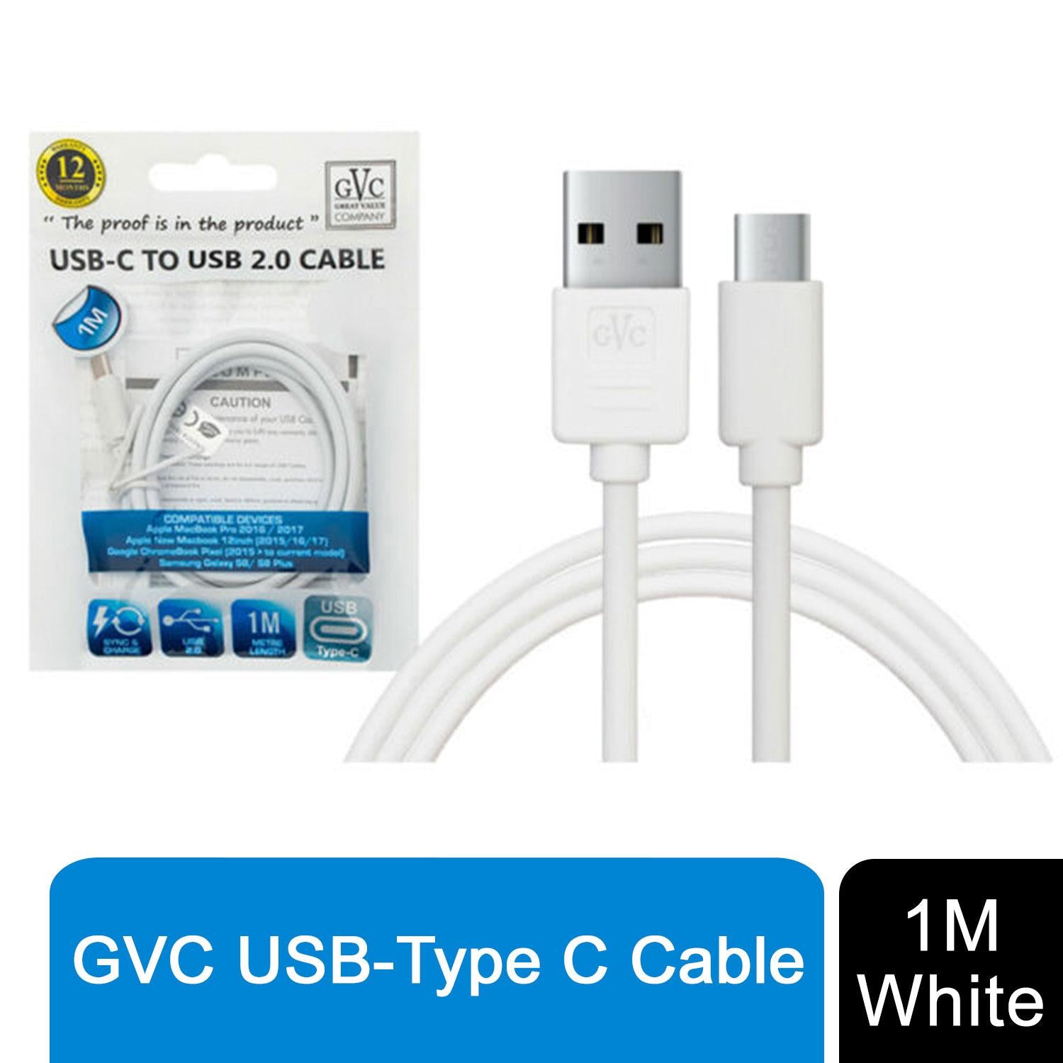 GVC USB to Type C cable, 1m length, designed for charging and syncing phones and pads.