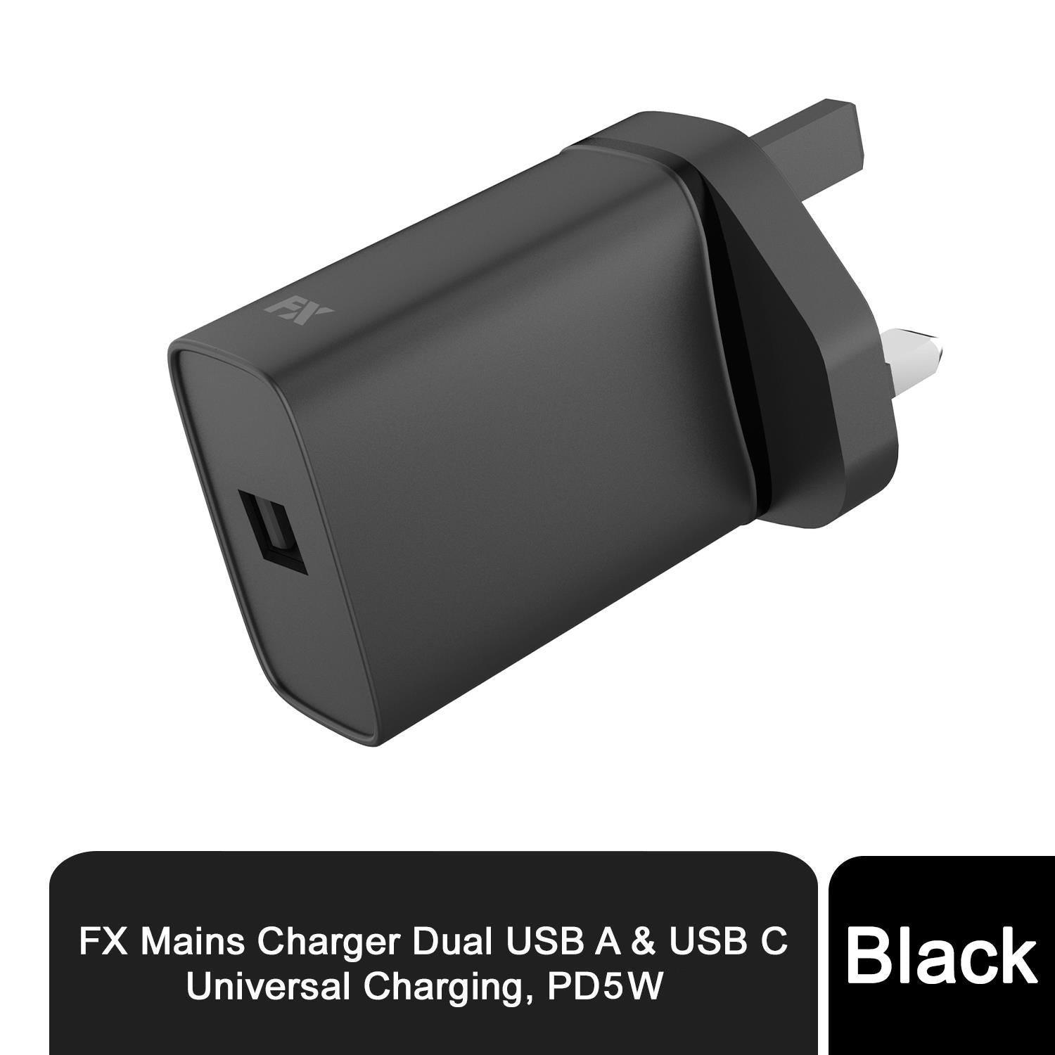 Black FX TechHub USB Mains Charger 1A, compatible with all USB devices, showcasing the sleek design and USB port.