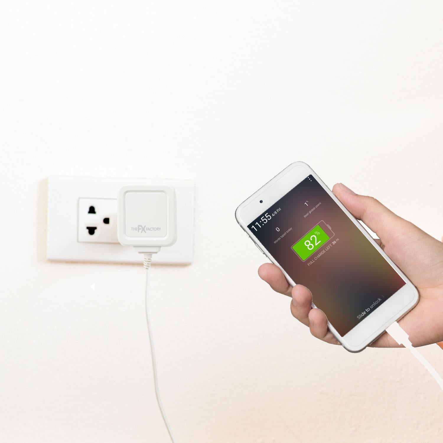 FX TechHub 2.1A travel charger with LED indicator for IP devices, featuring a sleek white design.