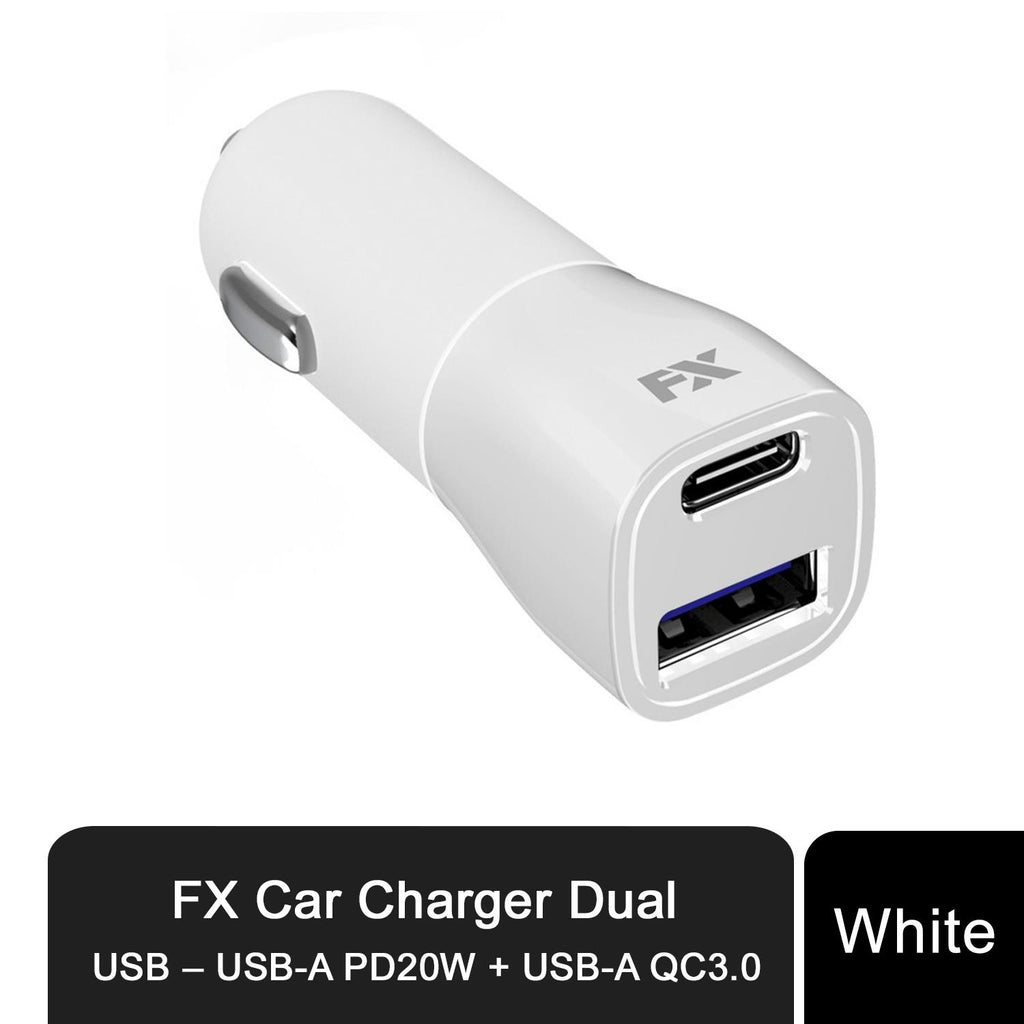 White FX Dual USB Car Fast Charger with USB-A PD 20W and USB-A QC3.0 ports, ideal for charging devices on the go.