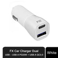 White FX Dual USB Car Fast Charger with USB-A PD 20W and USB-A QC3.0 ports, ideal for charging devices on the go.