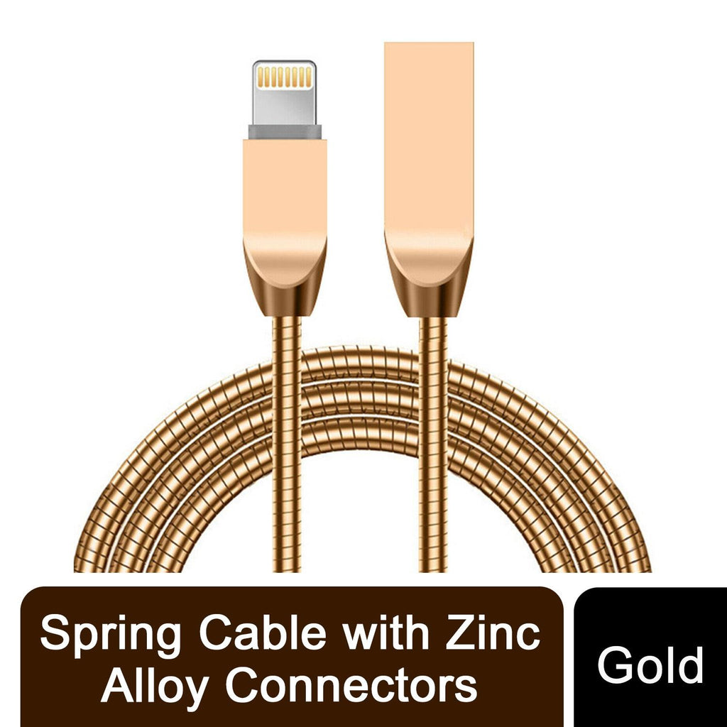 Retractable gold spring cable with zinc alloy connectors by TechHub, showcasing its sleek design and functionality.