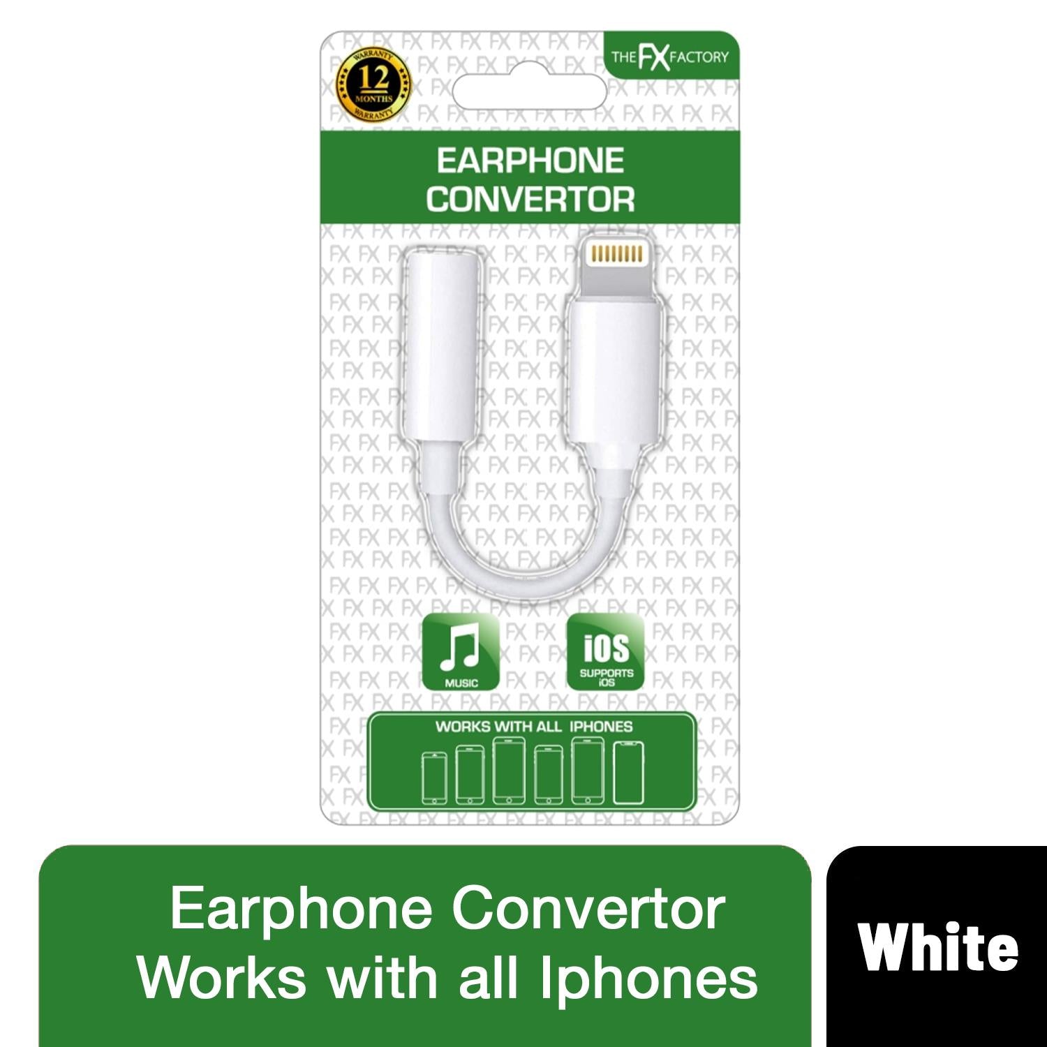 FX TechHub Lightning to 3.5mm earphone converter adapter in white, showcasing premium sound quality and sleek design.
