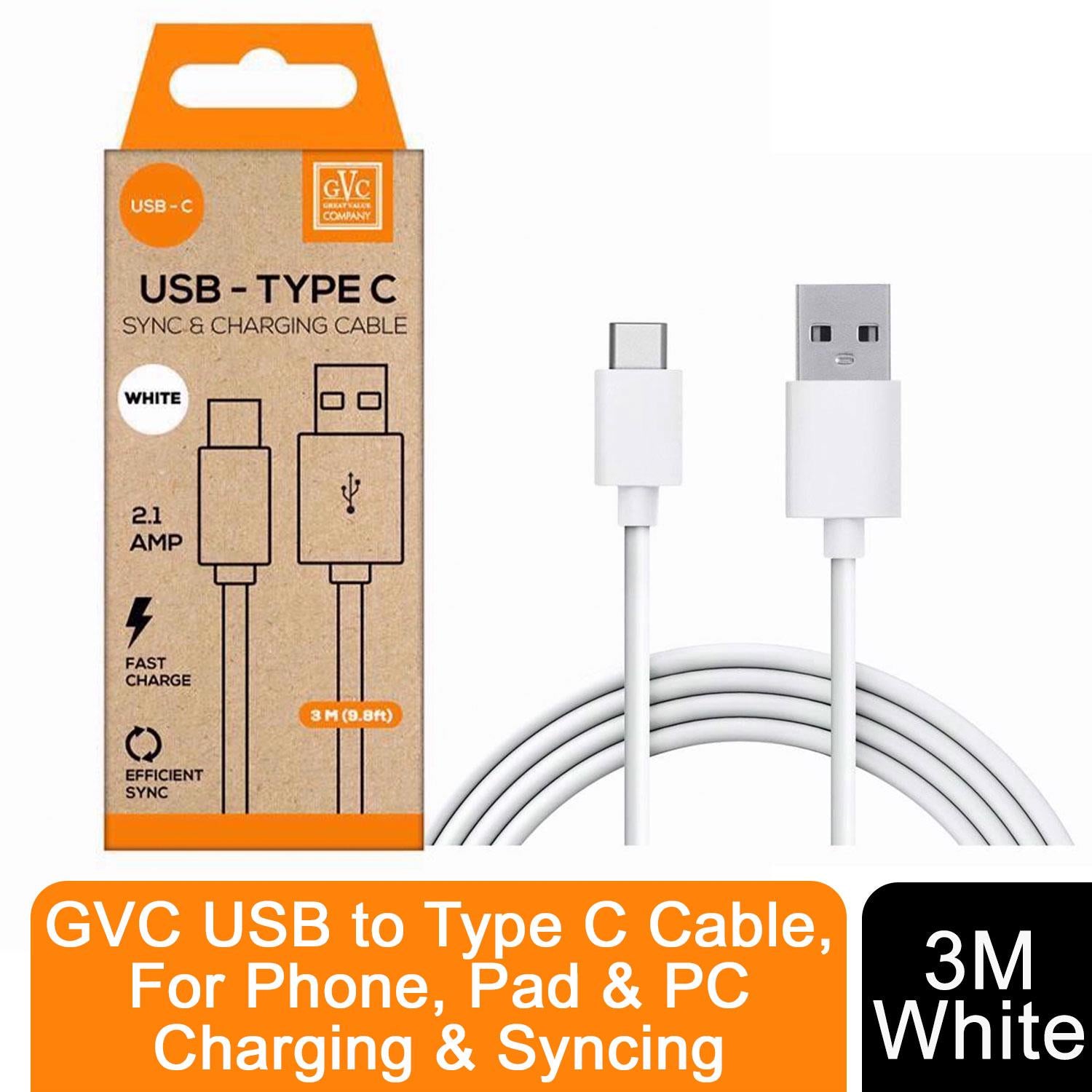 GVC USB to Type C cable, 3M long, white, designed for charging and syncing phones, tablets, and PCs.
