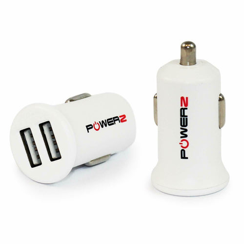 Powerz 2.4Amp Dual USB Port Car Charger in white, featuring fast charging capability and sleek design.