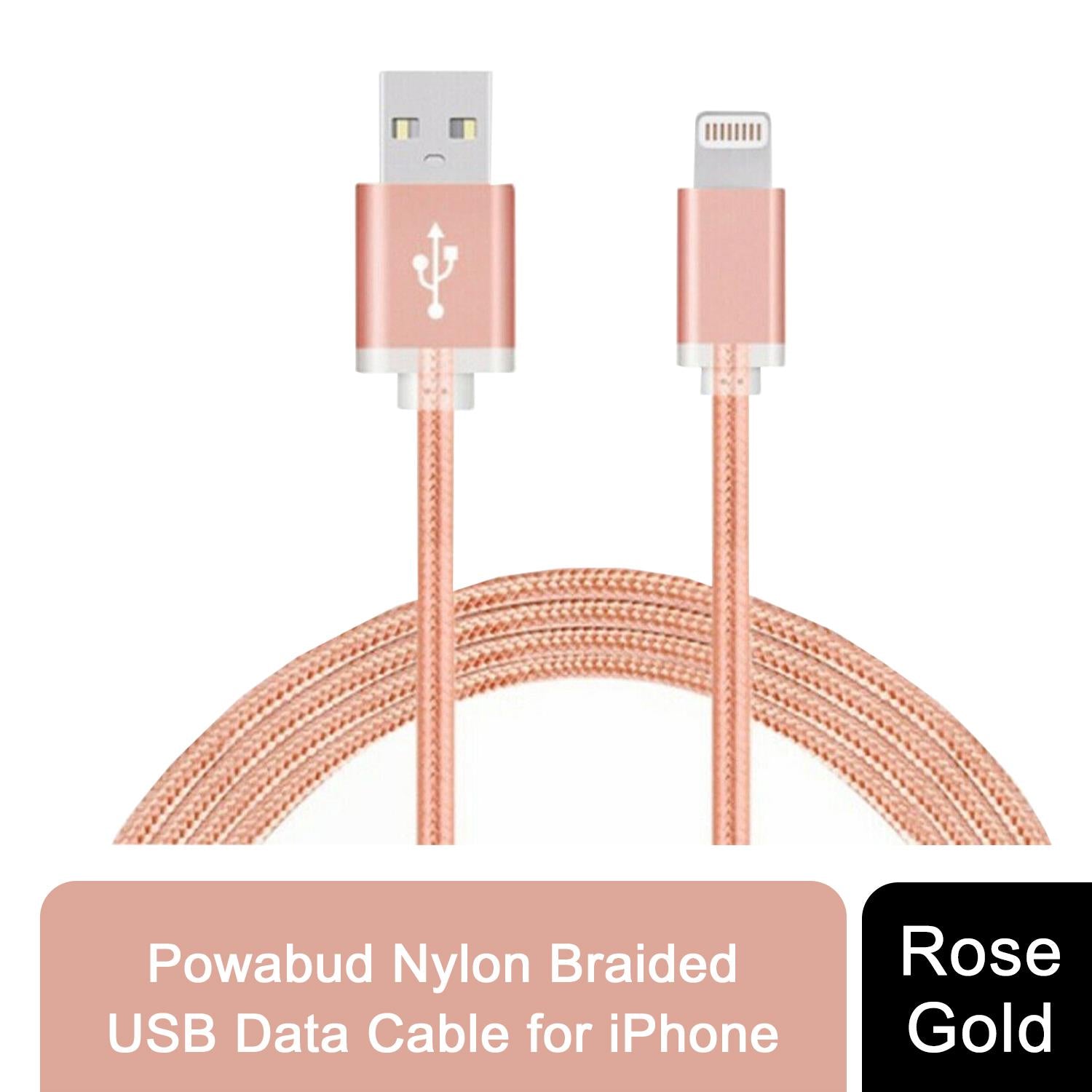 Rose gold Nylon Braided USB data cable by FX, showcasing durability and flexibility for phone charging and data transfer.