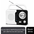 Black and white Soundz AM/FM Bluetooth radio with USB port and SD card slot, featuring modern design and controls.