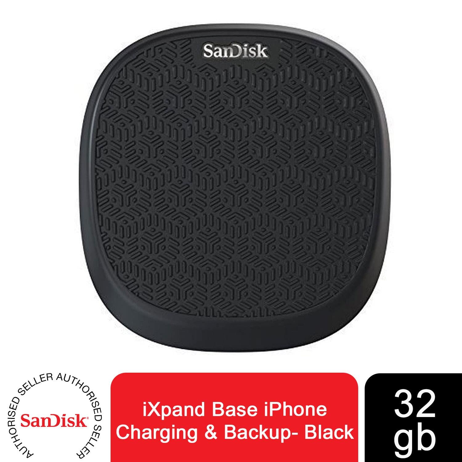 SanDisk iXpand Base for iPhone in black, 32 GB, designed for charging and backup, showcasing sleek design and functionality.