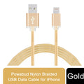 Gold nylon braided USB data cable by FX, designed for phones, showcasing its durable construction and sleek design.